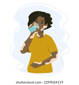 Woman with vitiligo disease drinking a fresh glass of water. Healthy and Sustainable Lifestyle Concept. Vector Illustration