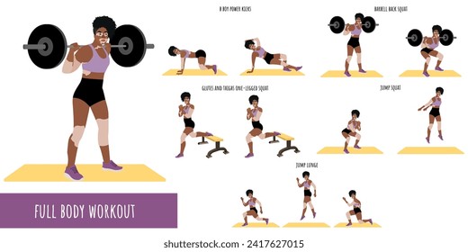 Woman with vitiligo doing full body workout. Workout Set. Feminism, self acceptance and liberty. Woman active lifestyle. Sport, wellness. Women workout, fitness. Flat vector illustration