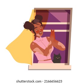 Woman with Vitiligo in Open Window Talking to Neighbor Vector Illustration