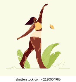 Woman with vitiligo posing in nature flat illustration. African woman with skin pigmentations banner design. Body positive and self-love background. Skincare. Body care.