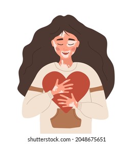 Woman with vitiligo. Self care and self love. World vitiligo day. Skin disease. Happy girl hugging heart. Vector illustration in flat cartoon style.