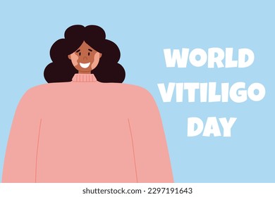 A woman with vitiligo skin disease accepts her appearance, loves herself. World Vitiligo Day. vector illustration