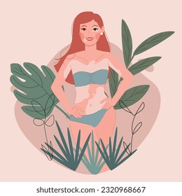 Woman with vitiligo, wearing swimsuit, pride and happiness. Concept of different beauty, body positive, self acceptance. Illustration vectorial of self-love