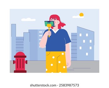 Woman vlogging with her phone outdoors in city, social media entertainment. Design character. Vector flat illustration