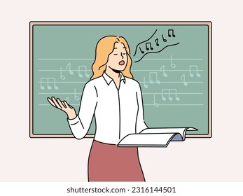 Woman vocalist sings standing near blackboard with notes and helping students develop voice. Girl holds magazine and sings wanting to become professional vocalist or audio composer