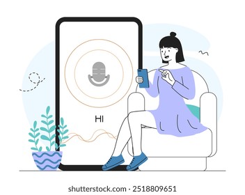 Mulher com mensagem de voz. Menina jovem perto de enorme smartphone grava arquivo de áudio. Comunicação em redes sociais e mensageiros. Ilustração de vetor linear isolada no plano de fundo branco