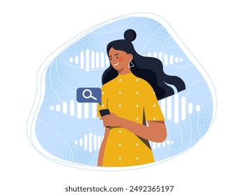 Woman with voice search. Young girl with smartphone looking for information on Internet. Online voice recognition. Modern technologies and innovations. Flat vector illustration