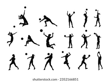 Woman voleyball silhouettes set, woman with voleyball