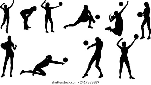 Woman volleyball player silhouette illustration in various pose