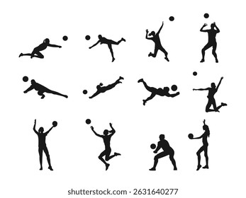 A woman volleyball player silhouette illustration in various poses. Female Volleyball Mid Air. Set of volleyball women silhouettes isolated on a white background.