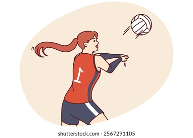 Woman volleyball player tosses ball to score goal for opposing team during tournament or training match. Girl volleyball player makes career in professional sports and plays under first number