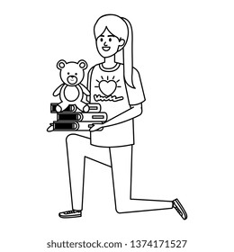 woman volunteer with books and bear teddy