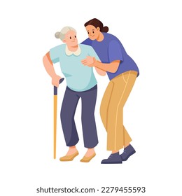 Woman Volunteer Caring of Elderly Lady on Retirement Walking with Her Vector Illustration