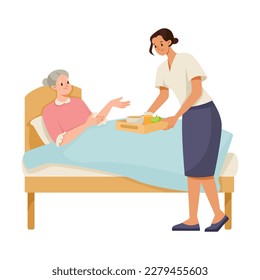 Woman Volunteer Caring of Elderly Lady on Retirement Bringing Her Meal on Tray Vector Illustration