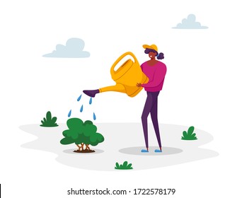 Woman Volunteer Character Care of Green Plant Watering from Can on Nature Background. Gardening Hobby, Global Warming, Environment Pollution, Global Heating Impact Concept. Cartoon Vector Illustration