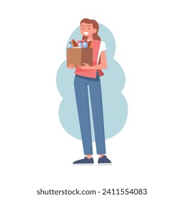 Woman Volunteer Character Holding Cardboard Box with Food Giving Humanitarian Aid and Help to Poor Vector Illustration