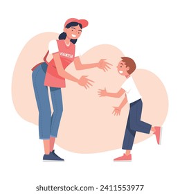 Woman Volunteer Character Meeting Little Boy with Welcome Hand Gesture Vector Illustration