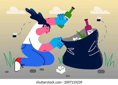 Woman volunteer collect garbage from ground into bag take care about environment saving. Female activist clean waste trash outdoors. Planet earth conservation concept. Flat vector illustration. 