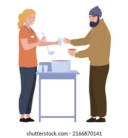 Woman volunteer feeding poor homeless man charity and donation vector flat illustration. Female giving food soup in pot water to beggars help and social support isolated. Voluntary altruistic activity