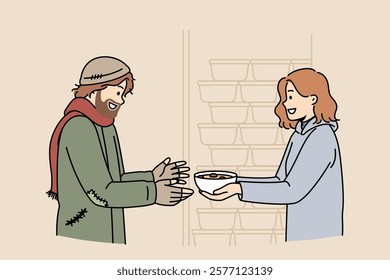 Woman volunteer feeds homeless man who came to shelter for help and hot meals, standing near shelves with plates. Volunteer girl demonstrates kindness and willingness to come to aid people in trouble