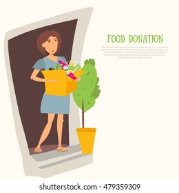 Woman Volunteer with food donation and clothes. Most needed items for  banks vector infographics  caned meat, socks, chockolate, .