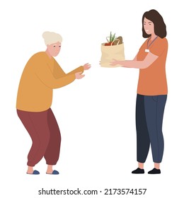 Woman Volunteer Giving Bag Full Of Food To Elderly Female Vector Flat Illustration. Female Caregiver Social Support Help To Mature People Meal Delivery. Care Assistance Volunteering And Charity