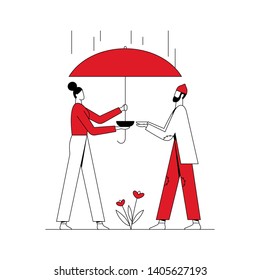 Woman volunteer giving food to homeless person and covering with an umbrella from the rain. Help, poor, charity concept. Line with editable stroke. Vector flat illustration.