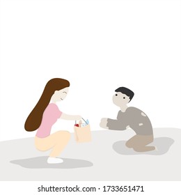woman volunteer giving food to homeless, flat vector illustrations.