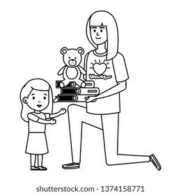 woman volunteer giving a girl books and bear teddy