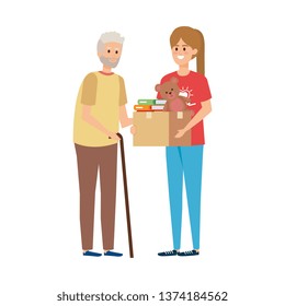 woman volunteer giving a old man donations box
