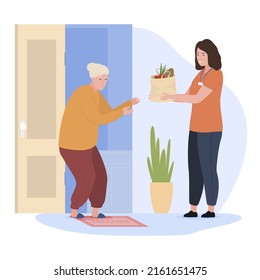 Woman volunteer helping elderly people delivery grocery food home door vector flat illustration. Female social worker aged grandmother support shipment products isolated. Care and assistance service