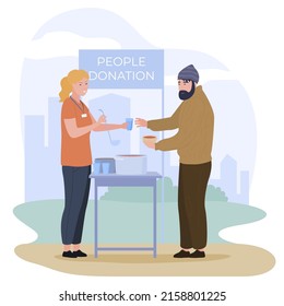 Woman Volunteer Helping Homeless Man Giving Hot Soup And Water Vector Flat Illustration. People Donation Distributing Food Charity Community. Grocery Help To Hungry Person. Altruism And Charitable