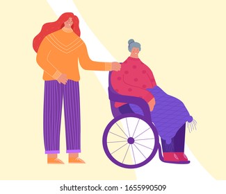 
Woman volunteer helps an elderly disabled person.Vector illustration.