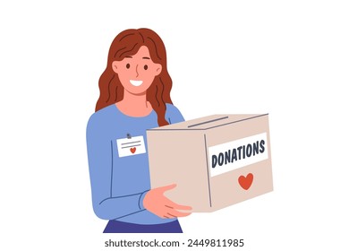 Woman volunteer holds donations box to collect money for people who have lost jobs or become homeless. Volunteer girl looks at screen with smile, offering to donate savings to new charity foundation.