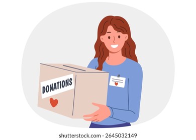 Woman volunteer holds donations box to collect money for people who have lost jobs or become homeless. Volunteer girl looks at screen with smile, offering to donate savings to new charity foundation.