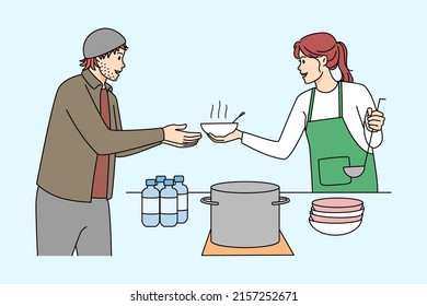 Woman Volunteer Serving Food To Poor Needy People In Humanitarian Social Center. Female Activist Help Hungry Homeless Person Sharing Meal, Providing With Necessity. Vector Illustration. 