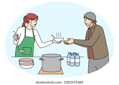 Woman volunteer serving food to poor needy people in humanitarian social center. Female activist help hungry homeless person sharing meal, providing with necessity. Vector illustration.