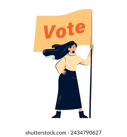 Woman with vote flag. Cartoon style, vote elections day and government theme. Vector illustration isolated on white background.