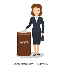 Woman vote at transparent ballot box. Vector illustration