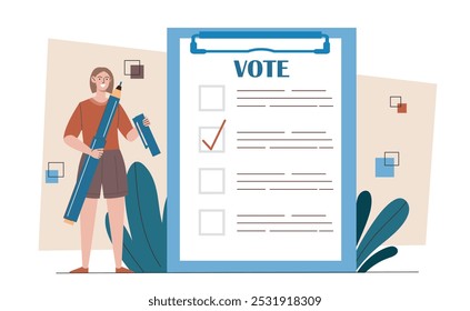 Woman with vote. Young girl with huge pen near clipboard. Democracy, freedom of speech and choice. Elections and referendum. Flat vector illustration isolated on white background