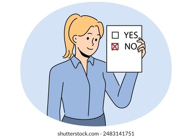 Woman voter demonstrates ballot for presidential elections or referendum with chosen answer no. Voter holds questionnaire designed to survey population on socially important topics.