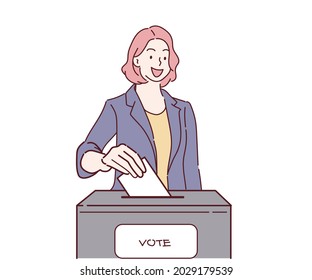 A Woman Voter Putting Ballot Into Voting Box. Democracy Freedom Concept. Hand Drawn In Thin Line Style, Vector Illustrations.