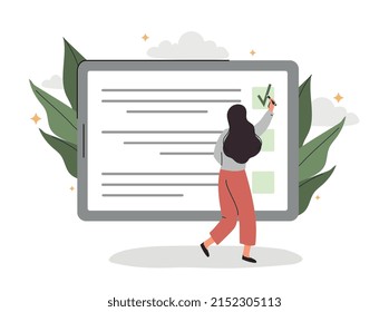 Woman votes concept. Electronic voting and government selection. Character passes remote survey, company collects feedback. Test, examination for online ducation. Cartoon flat vector illustration