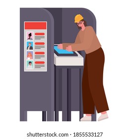 woman voting with brown hair and safety helmet in gray voting booth vector illustration design