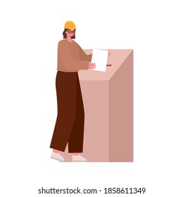 woman voting with brown hair and safety helmet vector illustration design