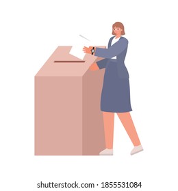 woman voting with ligth brown hair and purple suit vector illustration design