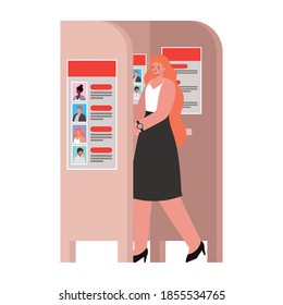 woman voting with long orange hair in voting booth vector illustration design