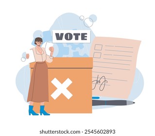 Mulher votando para presidente. Menina perto da urna. Liberdade de escolha e democracia. Eleições e referendo. Campanha política. Ilustração de vetor plano isolada no plano de fundo branco