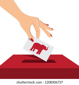 Woman voting. White woman's hand placing card with Republican elephant into ballot box. EPS10 vector illustration.