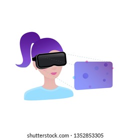 Woman in VR glasses in abstract virtual reality, isometric view. Flat style. Design for web page banner, mobile app, UI - Vector
